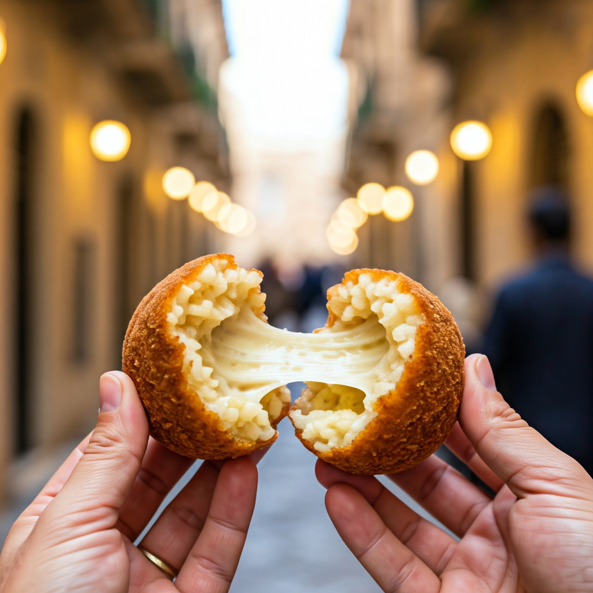 Golden fried arancini stacked in a basket, their crisp breaded shells glowing warm