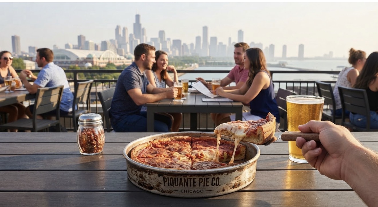 A pan of Chicago-style deep dish pizza with a cheesy slice being lifted, served on a rooftop table with a beer and a view of the Chicago skyline