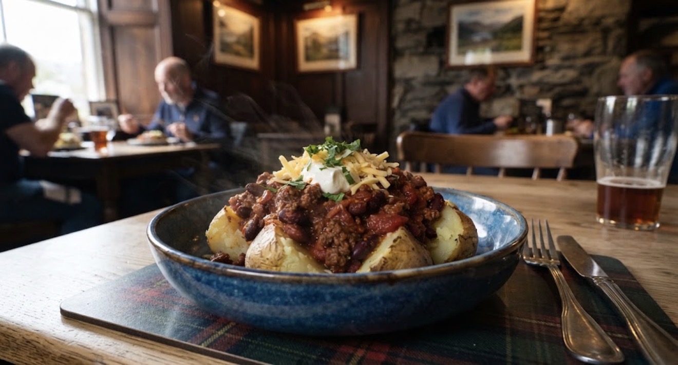 A steaming baked potato topped with chili con carne, shredded cheese, sour cream, and herbs in a blue bowl on a pub table