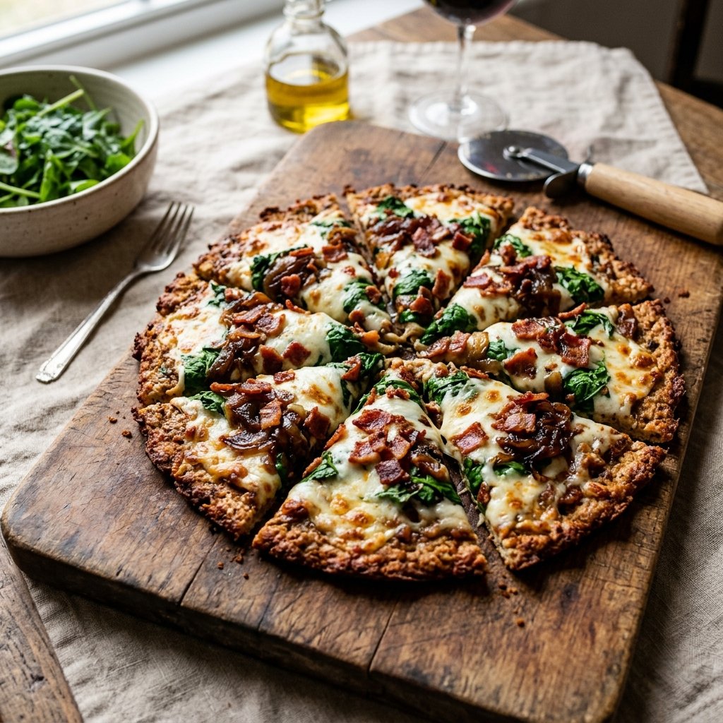 A low-carb chicken crust pizza topped with melted mozzarella, whiskey caramelized onions, and crispy bacon