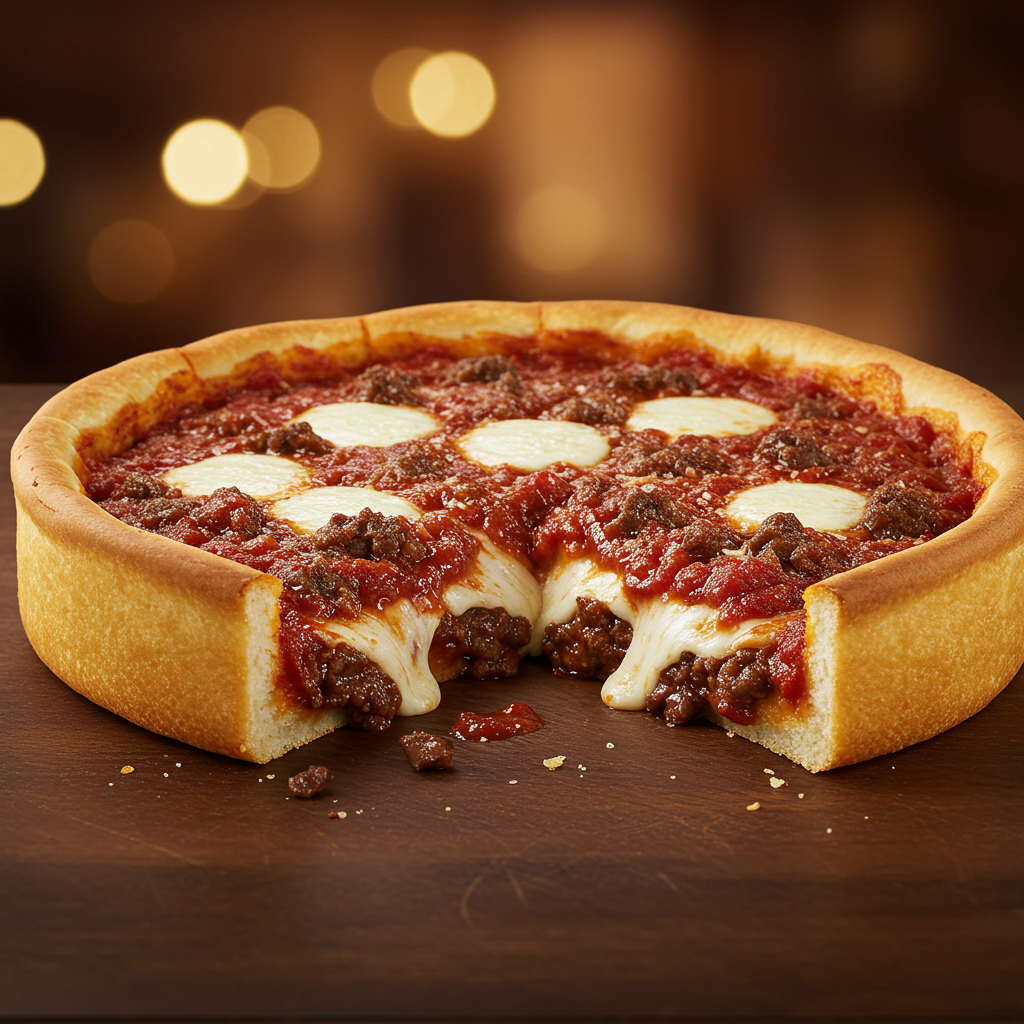 A slice of Chicago-style deep dish pizza with melted mozzarella and tangy giardiniera being lifted from the pan