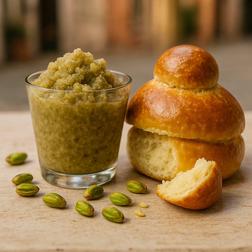 A pale green pistachio granita served alongside a golden brioche con tuppo topped with its signature knot