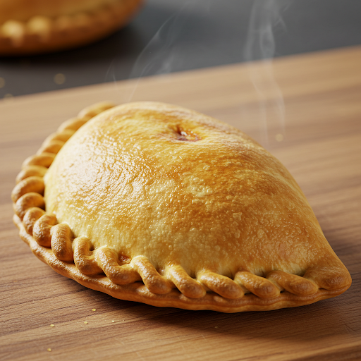 A golden fried empanada de pato cut open to reveal seasoned duck meat filling