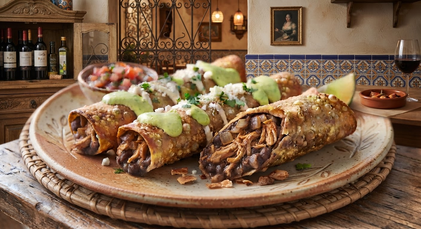 Crispy taquitos topped with avocado crema, sour cream, and cotija cheese on a plate in a Spanish-style restaurant, with salsa, a lime wedge, and a glass of wine