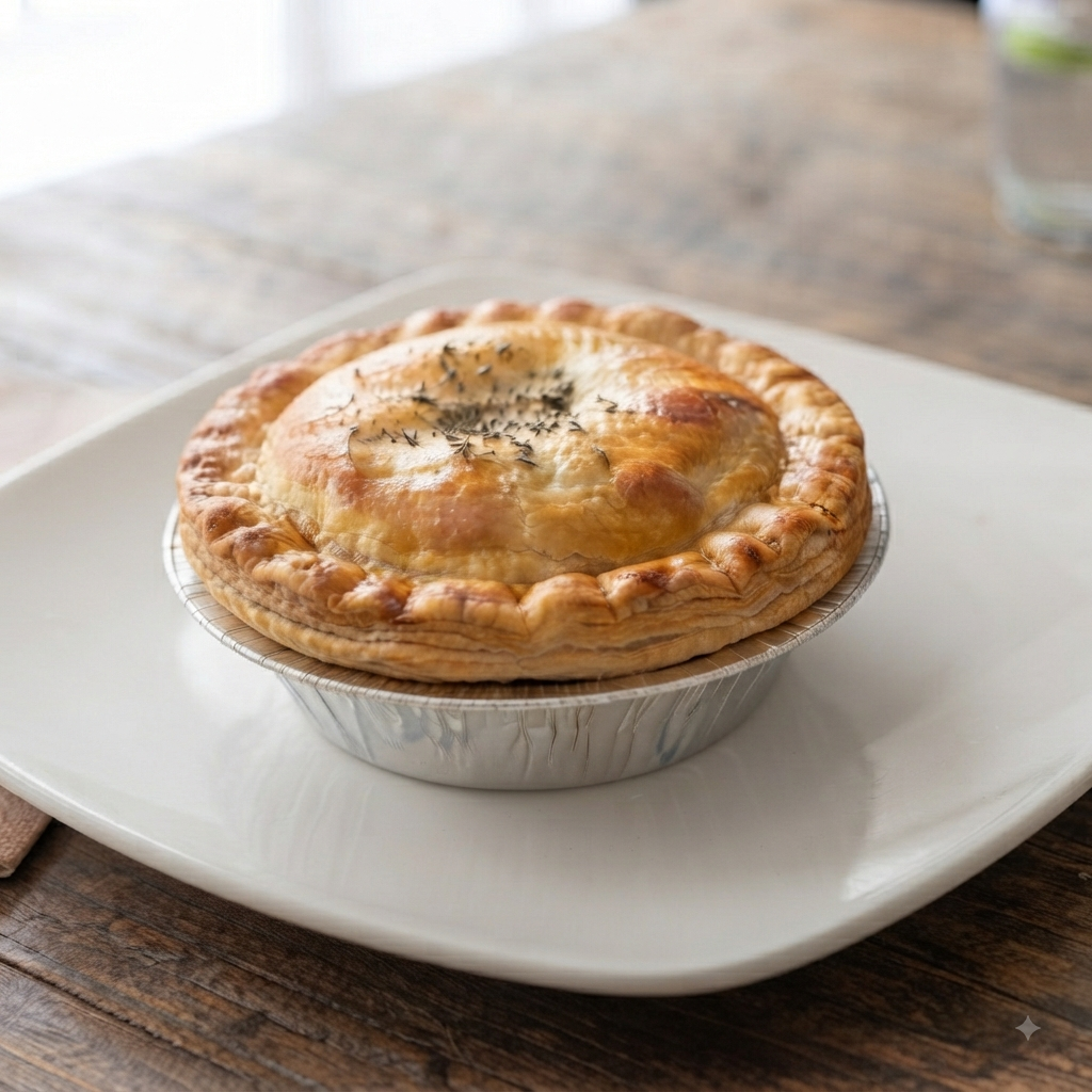 A single golden, flaky Australian meat pie in a foil tin, topped with fresh thyme, served on a white plate