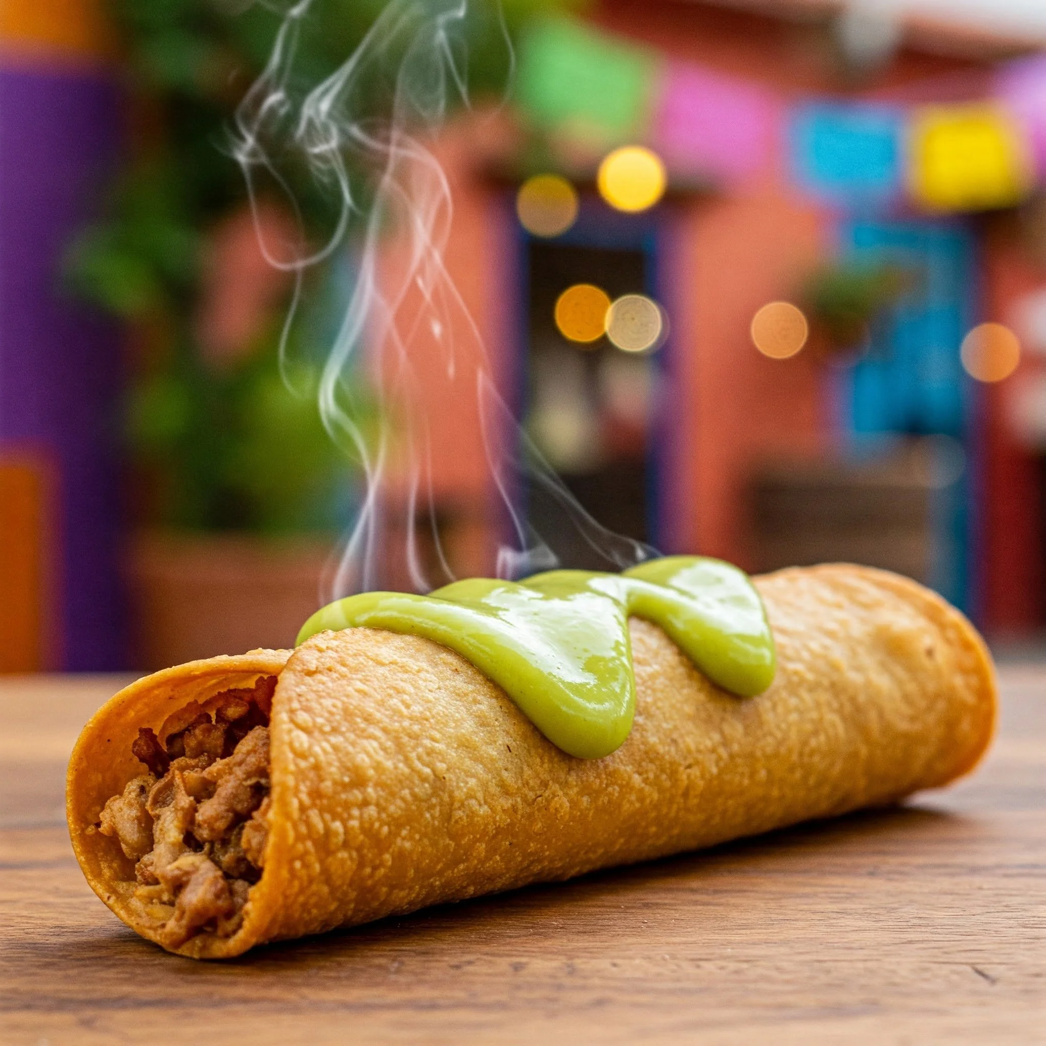 A crispy golden taquito served alongside a bowl of avocado-lime dipping sauce