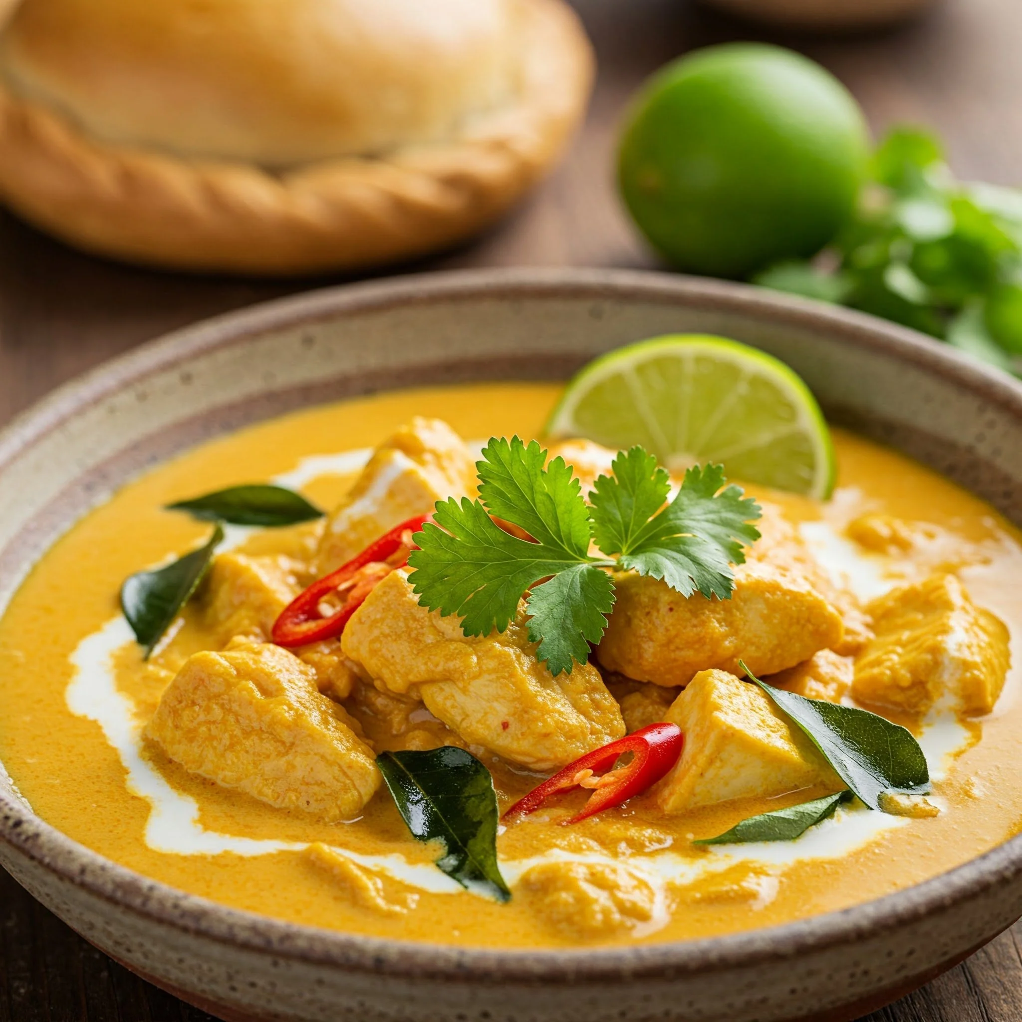 A steaming bowl of coconut curry with tofu, sweet potato, and peas served over rice