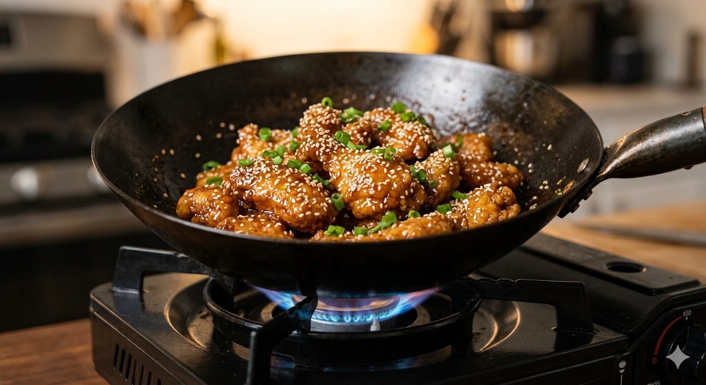 Glistening, crispy sesame chicken plated with a sticky sauce and a sprinkle of sesame seeds