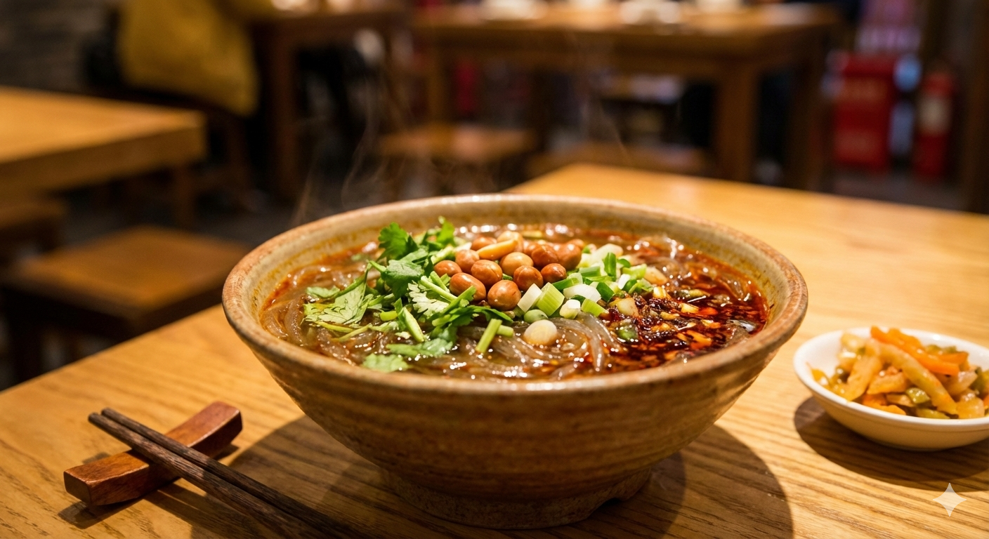 A bowl of Suan La Fen, hot and sour sweet potato glass noodles in a chili-oil and Chinkiang vinegar broth