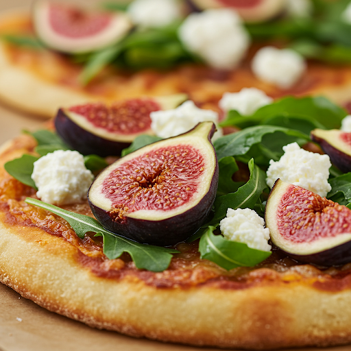 A flatbread pizza topped with sliced figs, crumbled feta, arugula, and bacon, sliced into wedges