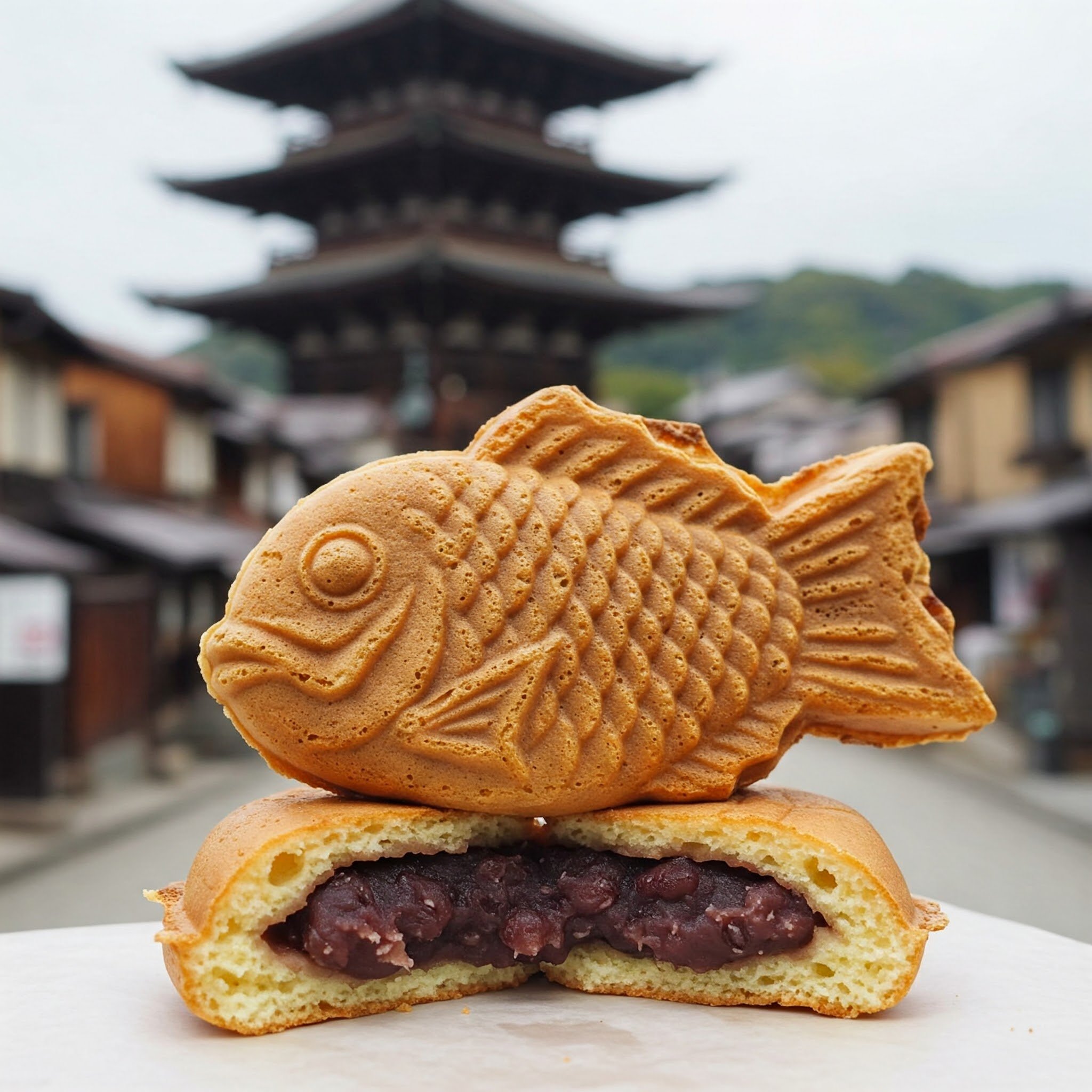 A golden, fish-shaped taiyaki pastry with a crisp exterior, fresh from a Kyoto street stall
