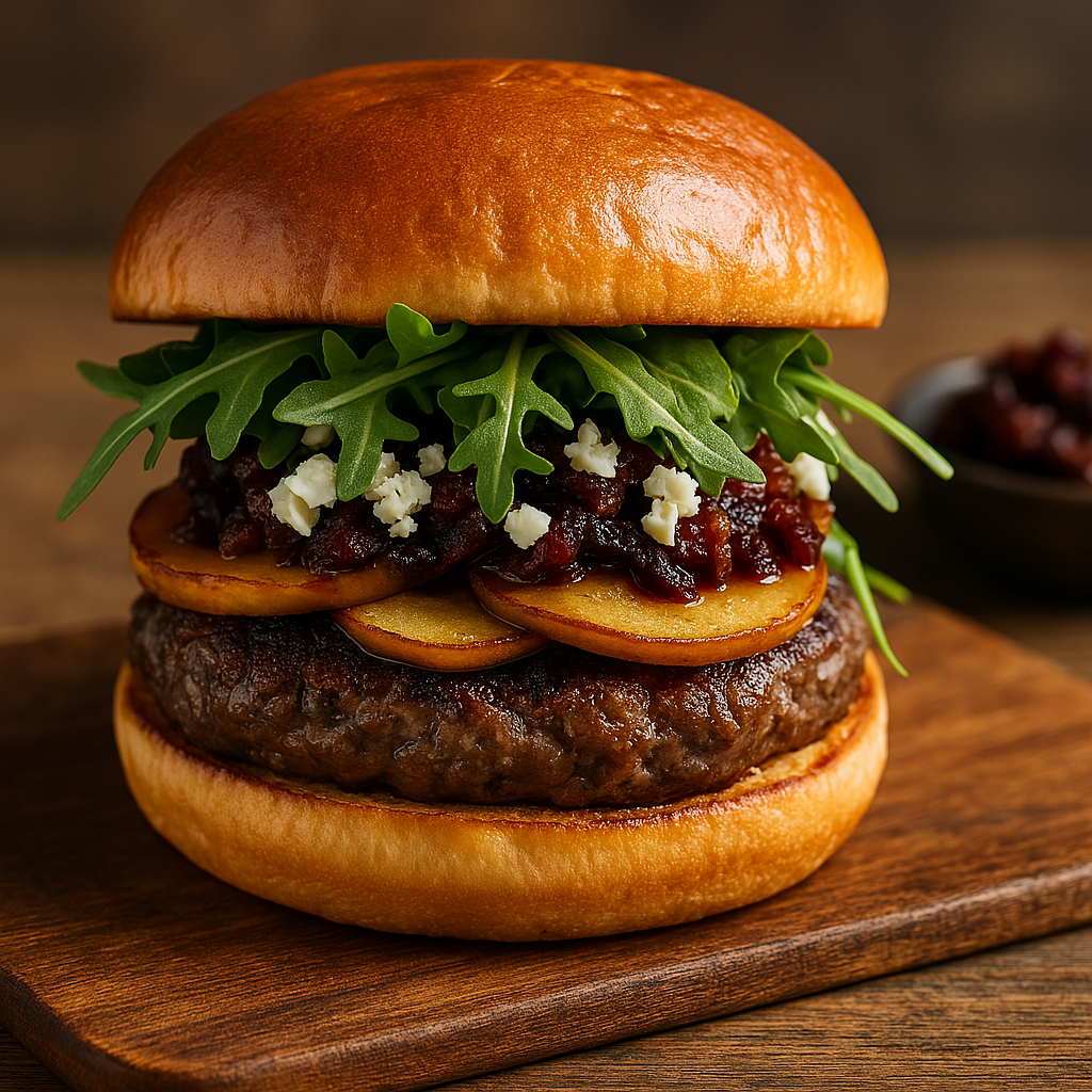 A burger topped with candied apples, bourbon bacon onion jam, feta, and arugula on a toasted brioche bun