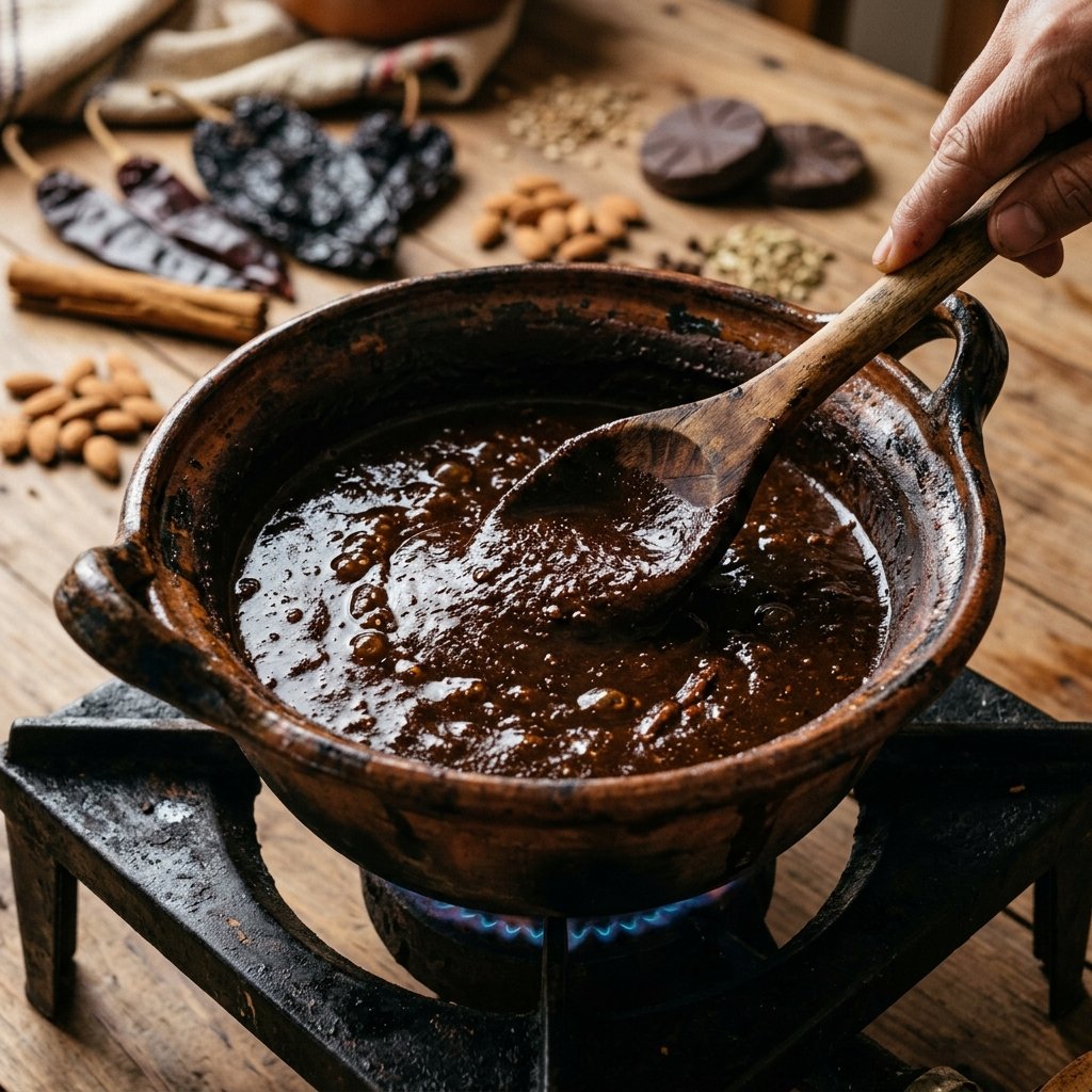A dark, glossy mole negro sauce simmering in a pot on the stove