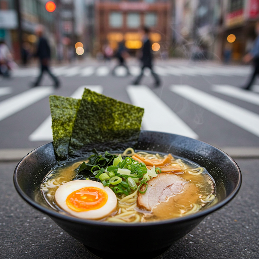 A bowl of shoyu ramen with a rich soy-sauce broth, enjoyed at a table overlooking Shibuya Crossing