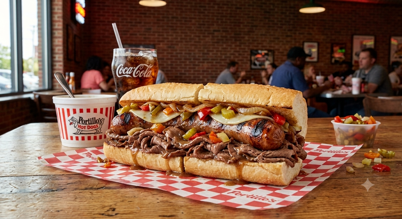 A loaded brat bun overflowing with kielbasa, giardiniera, melted cheese, and diced tomato