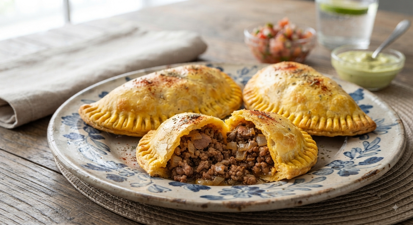 Golden baked empanadas on a plate, one cut open to reveal a seasoned ground meat and onion filling, served with salsa and avocado crema