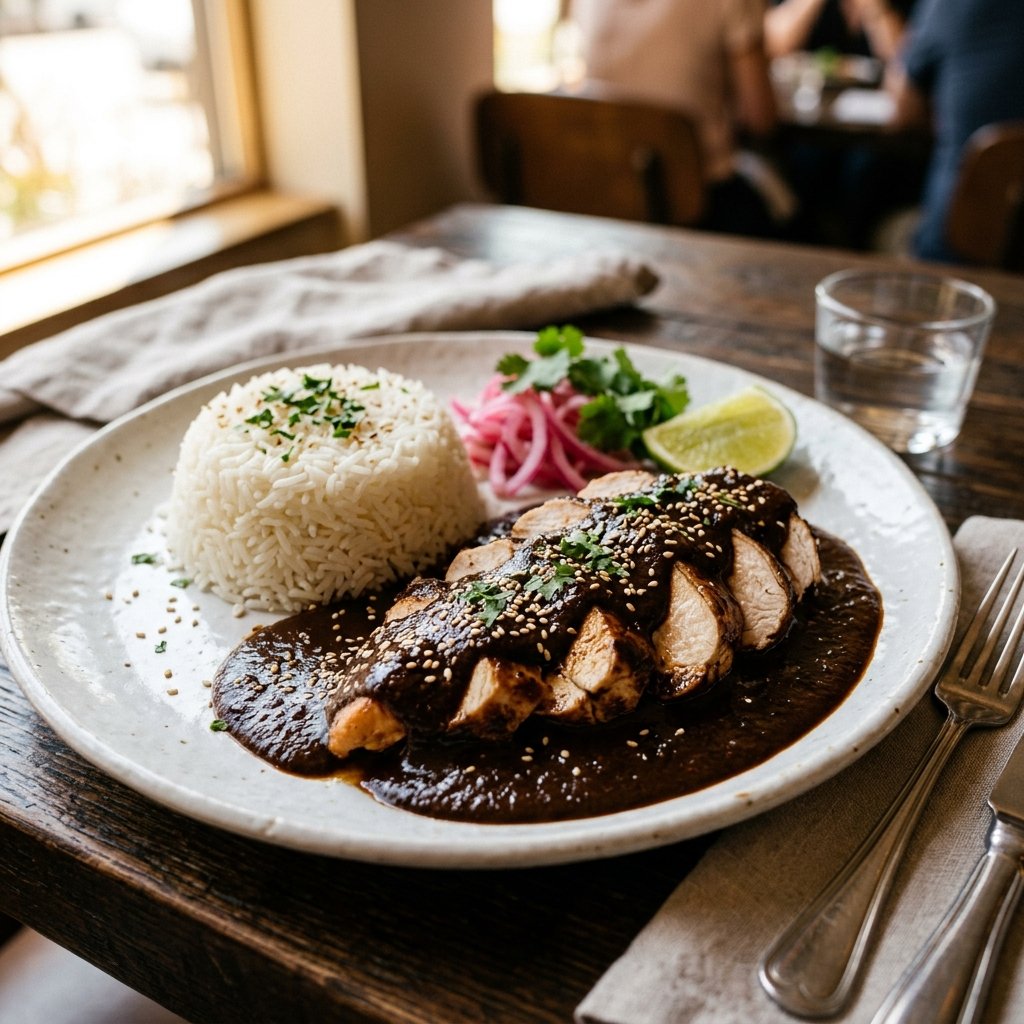 A plate of sliced chicken breast draped in glossy dark mole negro sauce, served with rice, pickled red onions, and lime