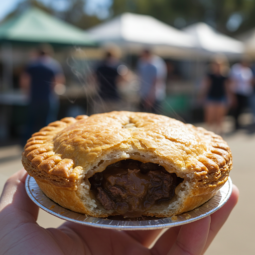 A golden, flaky Australian meat pie with a rich, savory filling